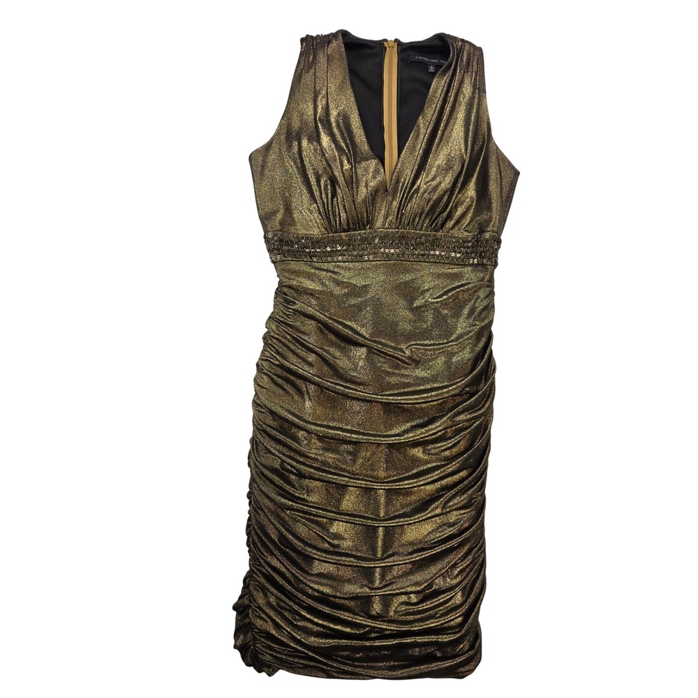 Carmen Marc Valvo Formal Sexy Evening Mini Dress Gold Metallic Rouche Women Sz 8